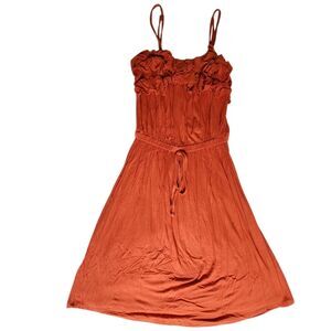 Pink Rose Rust Orange Ruffle Bust Drawstring Fit & Flare Mini Dress Sz M